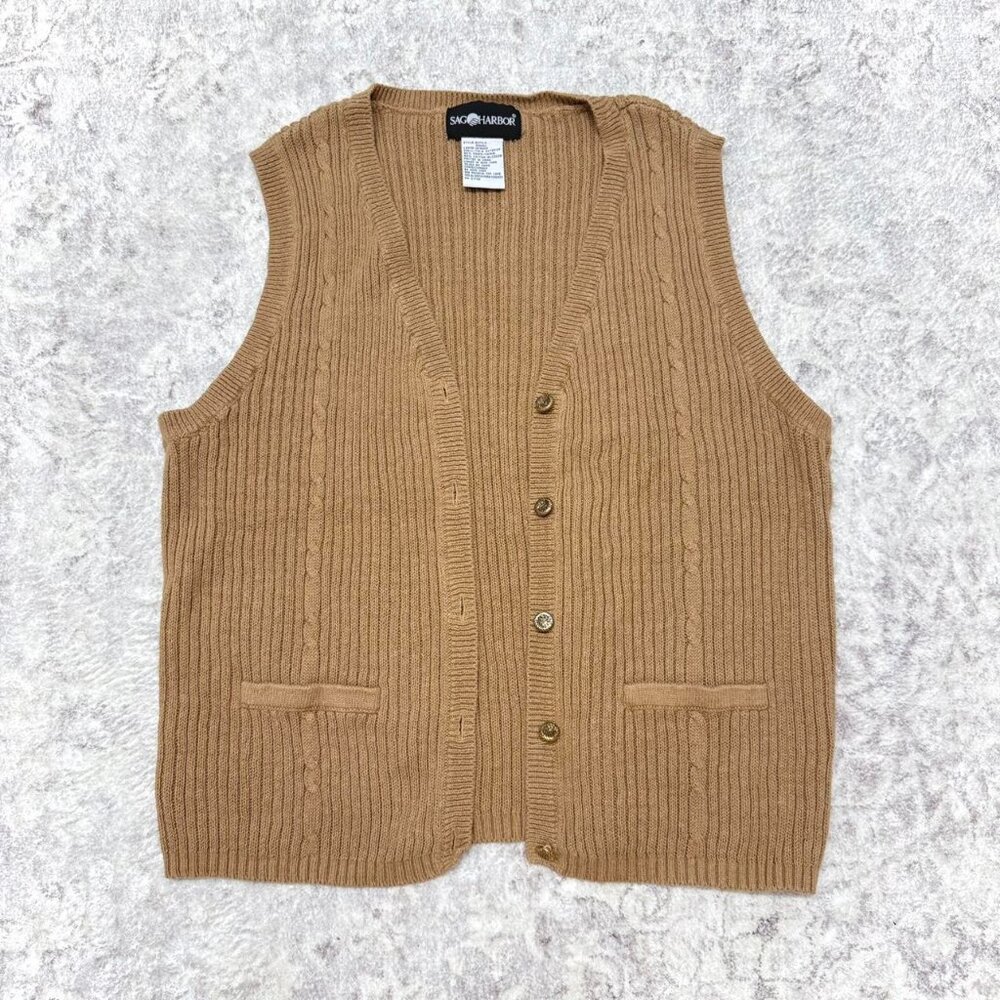 Sag Harbor 90s Sleeveless Cardigan Sweater Vest in Beige Tan